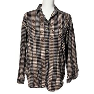 maggie & max plaid embroidered‎ western shirt cotton button front boho country M